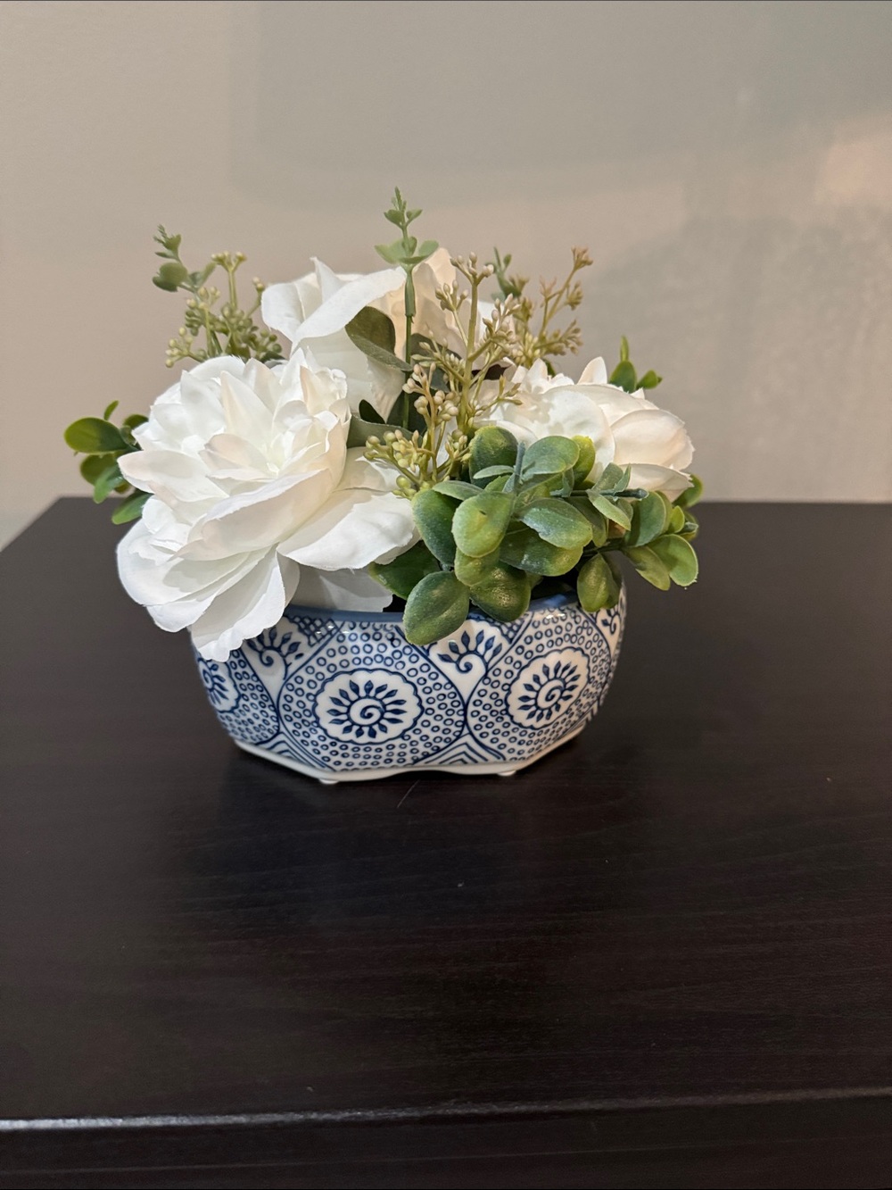 White Faux Floral Centerpiece in Blue Patterned Ceramic Planter